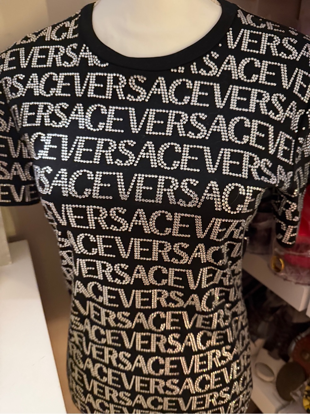 Versace Black Short Sleeve Tee with Crystal Logo Detail
